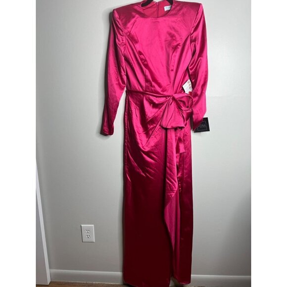 Mac Duggal Magenta Long Sleeve Ruched Waist High Slit Satin A-Line Gown Size 4 - Picture 4 of 5